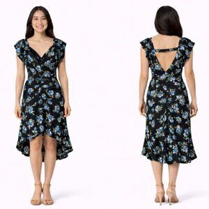 ANTHROPOLOGIE Sweetheart Ruched Drop Waist Black Floral V-Neck Dress SZ XS